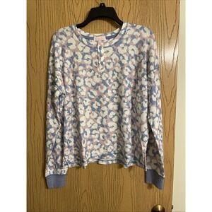 Pj Salvage Leo My Happy Top Women's Waffle Knit Size Medium Pink Blue White